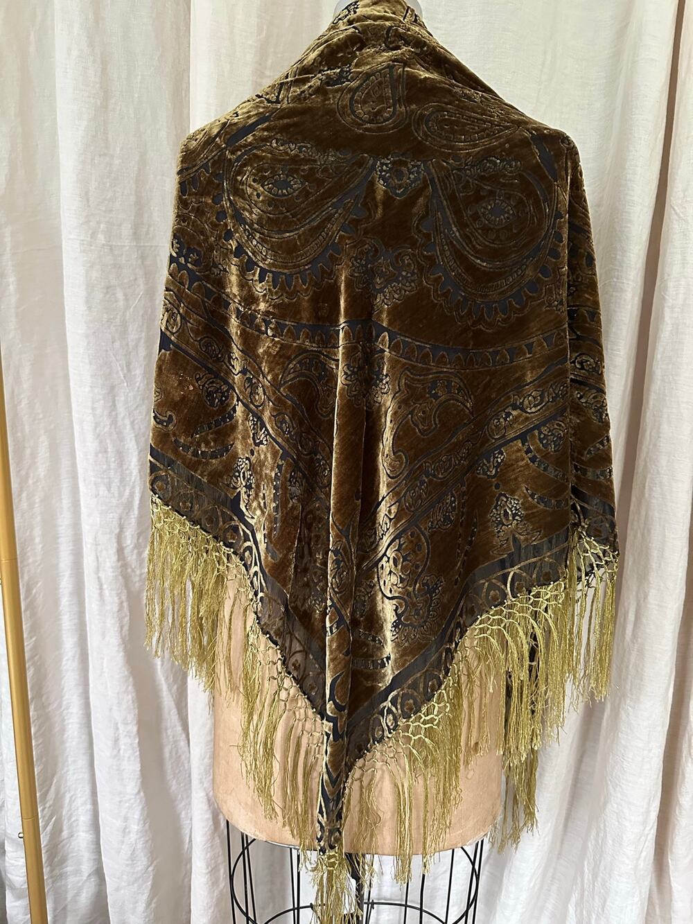 Piano Shawl Wrap Scarf Silk blend Burnout Velvet Olive mustard Green fringed